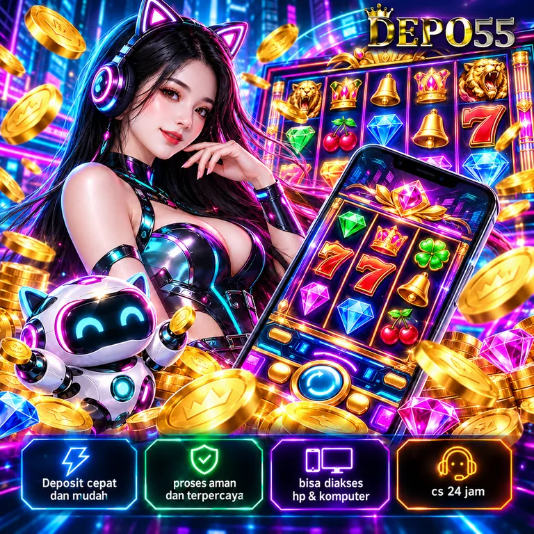 Poster DEPO55 tema magenta dengan ilustrasi game berbasis ponsel